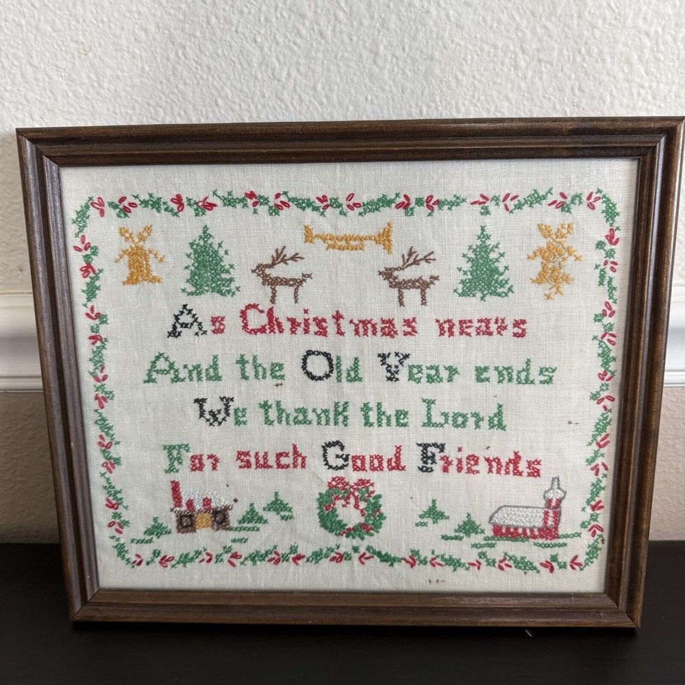 Bucilla Cross Stitch KIT 8937 Completed Christmas Poem Linen Framed Vtg Kitschy